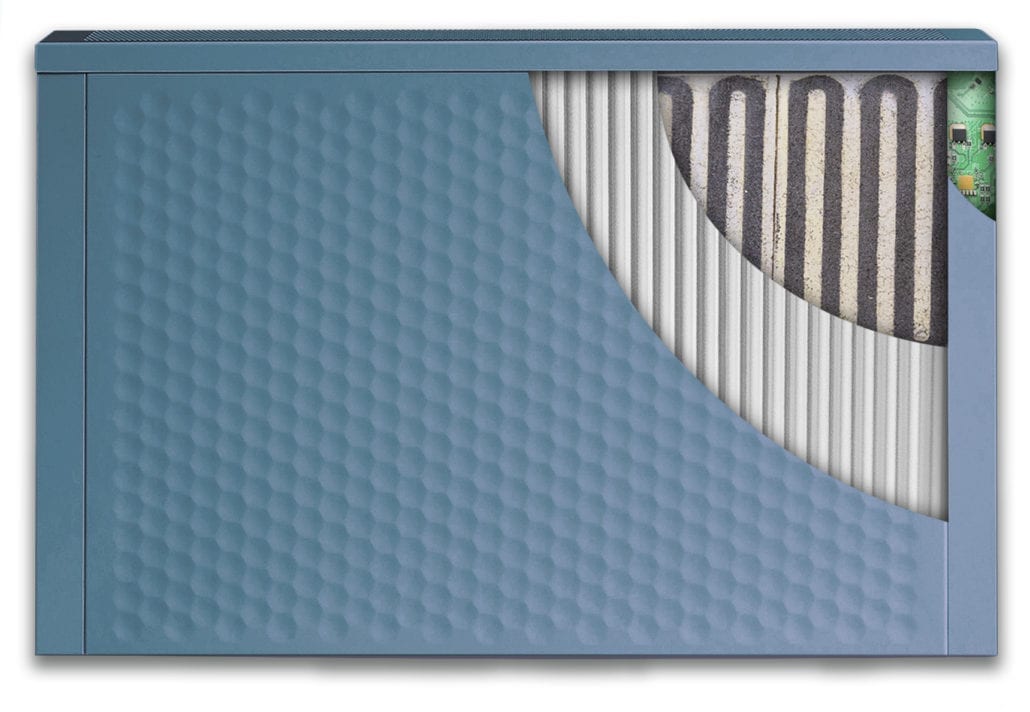 Sunflow Classic+ light blue electric radiator with a solid core for efficient heat transfer and a powerdown chip.