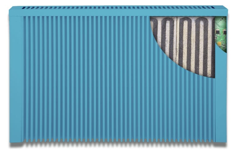 Sunflow light blue electric radiator with a solid core for efficient heat transfer and a powerdown chip.