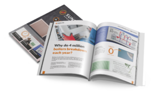 Sunflow Brochure Mockup with Open Spread Reading "Why Do 4 Million Boilers Breakdown Each Year?"