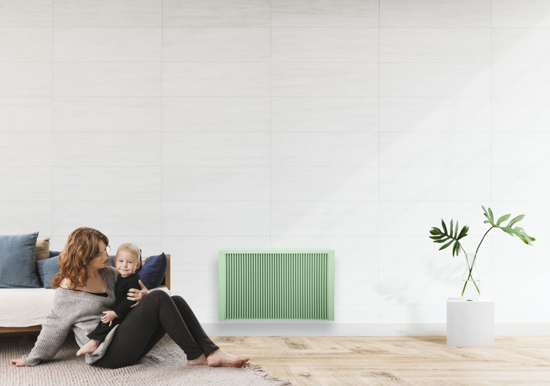 Business lady enjoying cup of tea at home radiator on wall